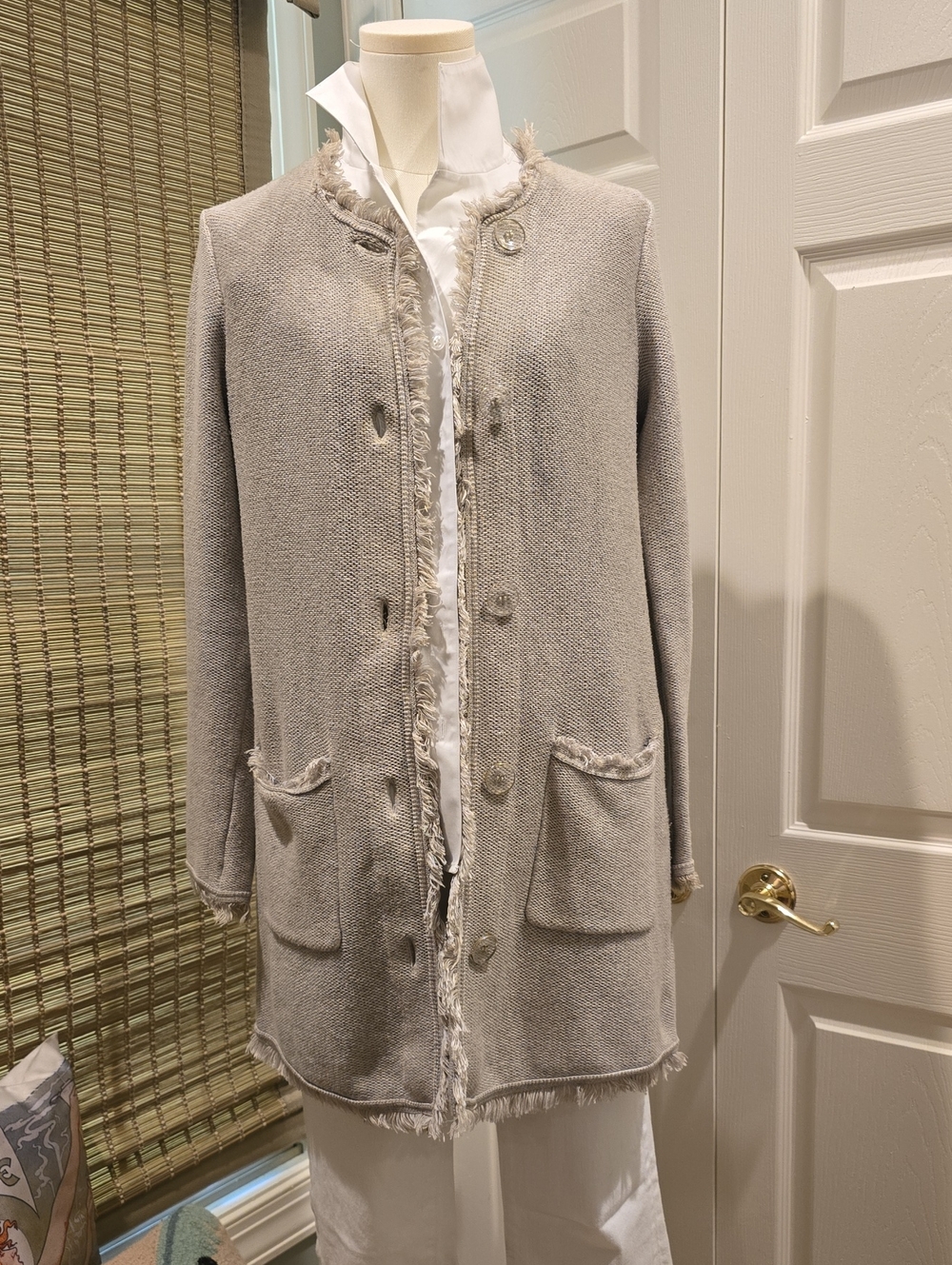 J. McLaughlin Light Gray Fringe-Trim Knit Cardigan